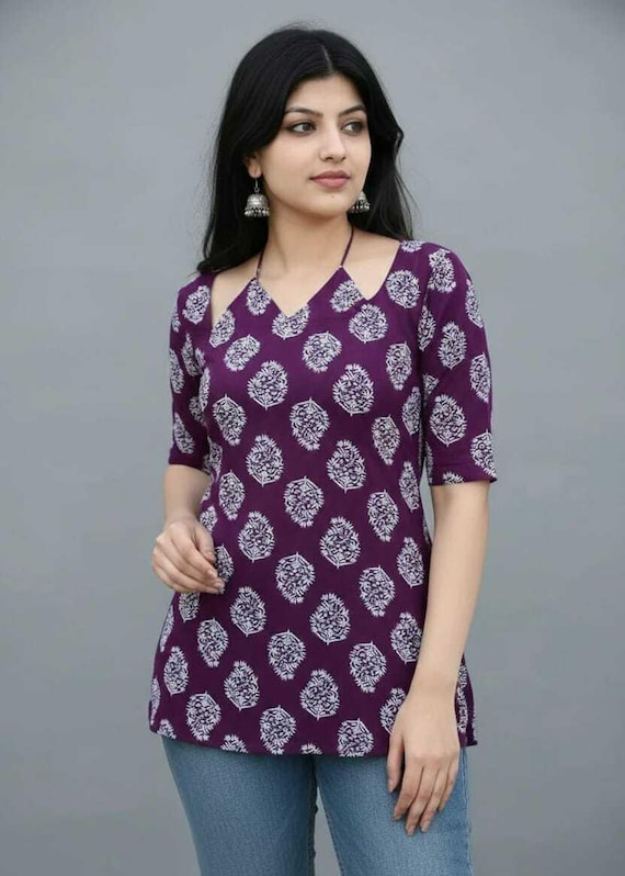 Women's Pure Rayon Purple Floral Printed Cold Shoulder Halter Neck Short Kurti / Tunics