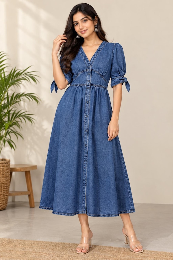 Women's Cotton Denim Midi Dress, Blue Button Front Dress, V Neck Puff Sleeve Dress, A Line Casual Denim Dress, Everyday Women's Fashion