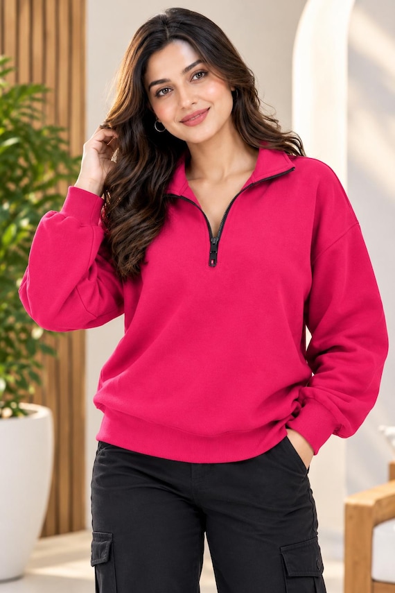 Women’s Pink Fleece Pullover, Half Zip Winter Sweatshirt, Cozy Long Sleeve Top, Casual Winter Wear, Relaxed Fit Women’s Jacket