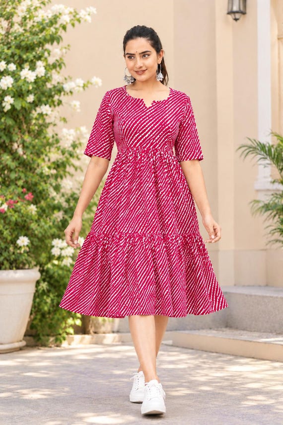 Hand Block Print Pink Cotton Women's Midi Dress, Women's Ethnic Short Dress, Indian Handcrafted tunics