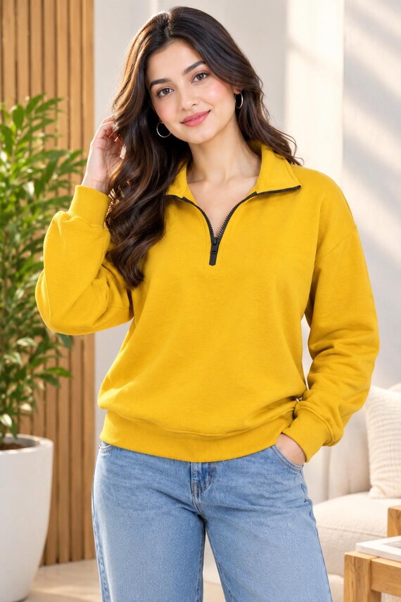 Mustard Yellow Fleece Pullover for Women, Half Zip Winter Sweatshirt, Cozy Long Sleeve Top, Casual Fall and Winter Clothing