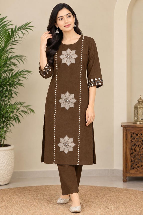 Rust Brown Cotton Kurta Set, Embroidered Floral Tunic with Pants, Indian Ethnic Wear