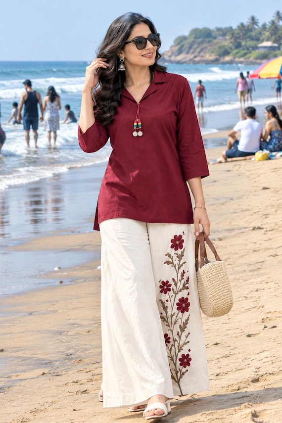 Women's Maroon Co Ord Set with Floral Palazzo Pants, Ethnic Two Piece Outfit, Boho Cotton Tunic and Wide Leg Pyjama Set