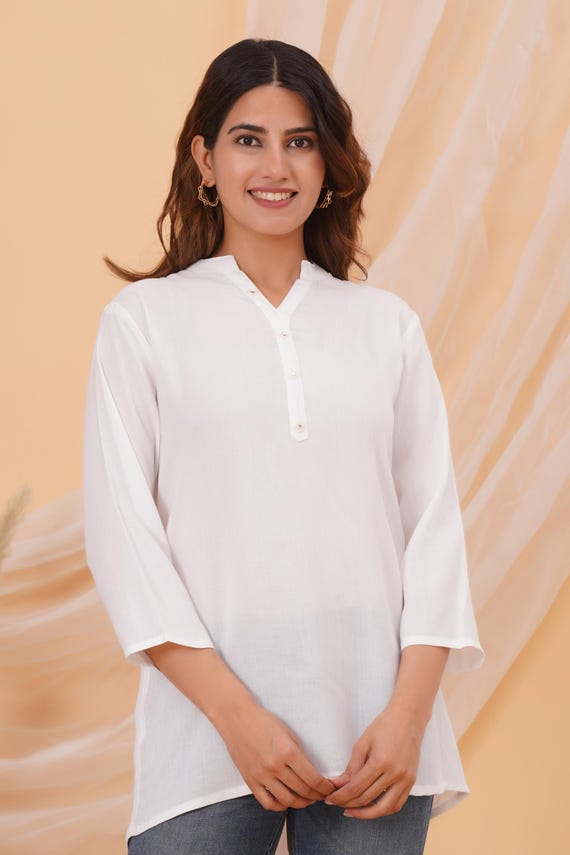 White Cotton Kurti for Women, V Neck Button Front Tunic Top, 3/4 Sleeve Indian Ethnic Top, Casual Indo Western Clothing
