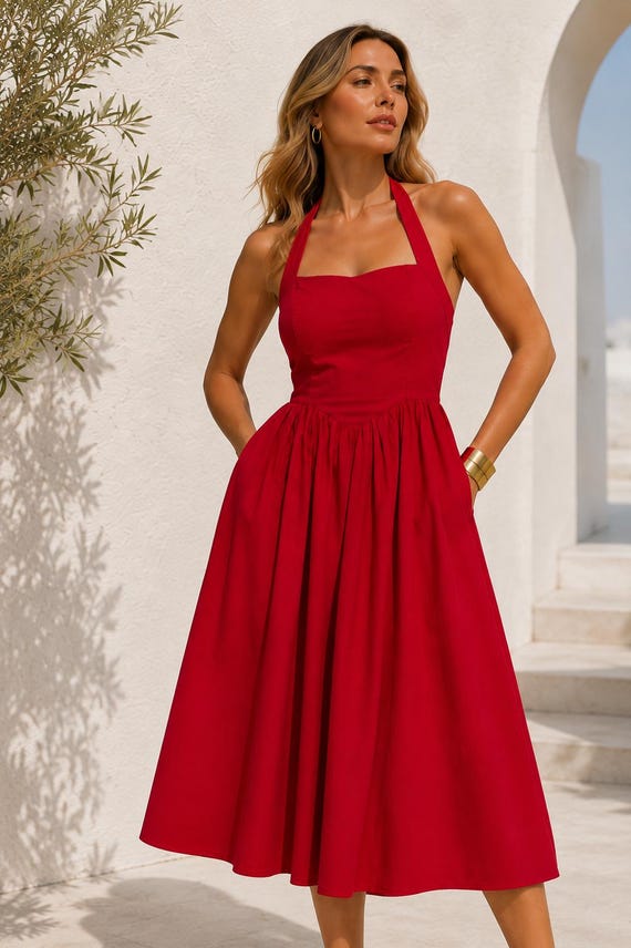 2-Piece Solid Color Halter Maxi Dress Set for Women, Elegant Red and Black Sleeveless Long Party Dress Combo, Trendy Vacation Outfits