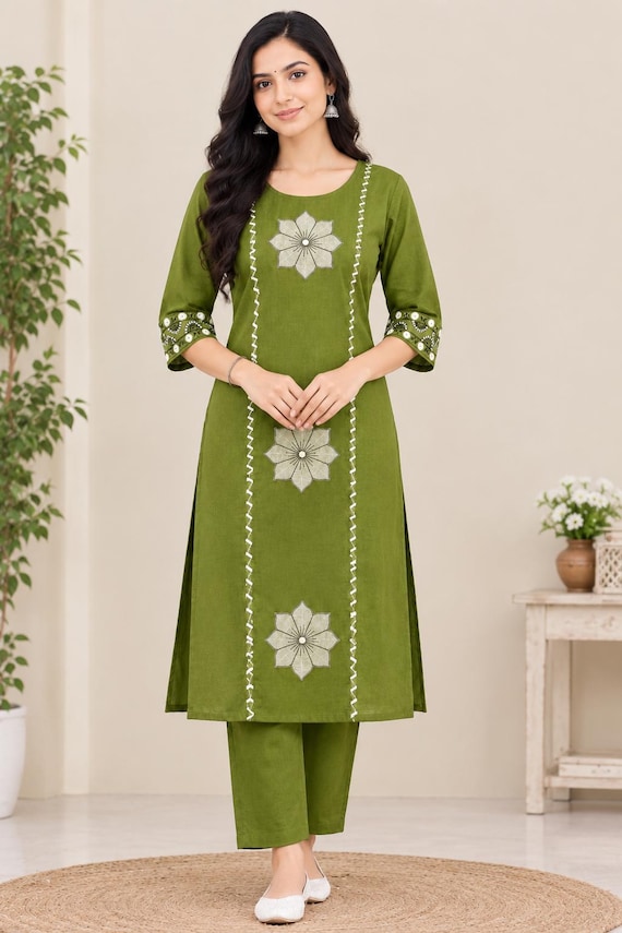 Olive Green Cotton Kurti Pant Set, Floral Embroidery, Indian Ethnic Wear