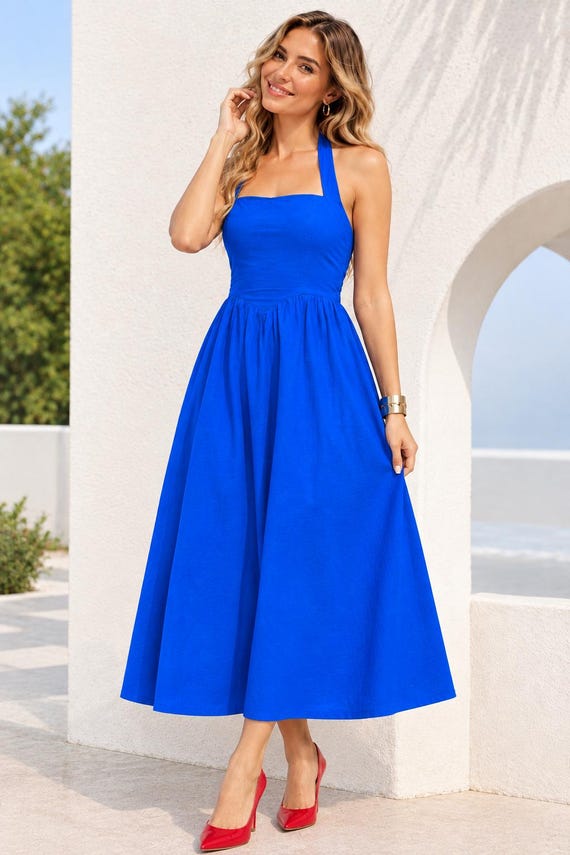 Blue Cotton Maxi Dress for Women, Sleeveless Summer Dress, A Line Midi Dress, Casual Beach Vacation Dress, Square Neck Sundress