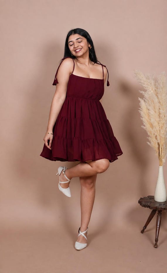 Burgundy Cotton Tiered Mini Dress, Spaghetti Strap Summer Sundress