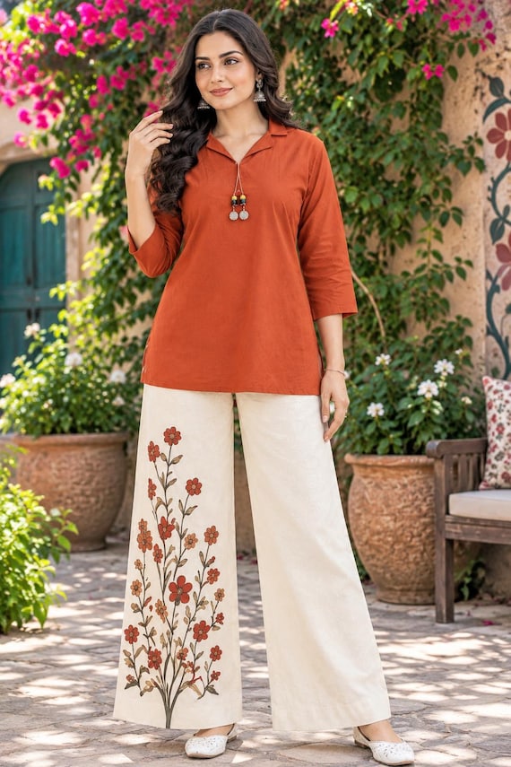 Women’s Co-Ord Set with Palazzo Pants, Rust Orange Tunic Top, Cream Floral Printed Wide Leg Pants, 2 Piece Women’s Outfit