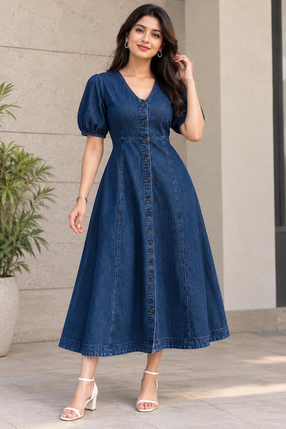 Women's Cotton Denim Midi Dress, Dark Blue Button Front Dress, V Neck Puff Sleeve Dress, A Line Flared Dress, Casual Women's Fashion