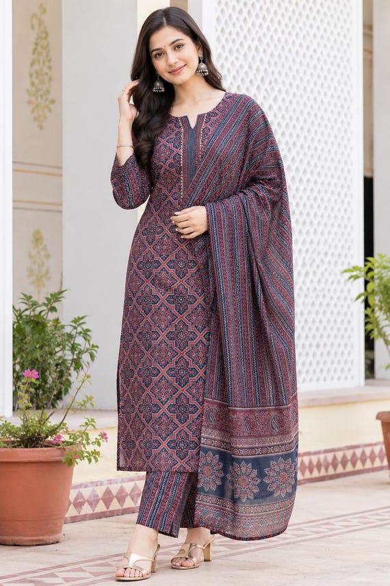Women Kurti Set with Dupatta, Navy Blue Ethnic Printed Kurta Pant Set, Indian Traditional 3 Piece Suit, Boho Women Outfit