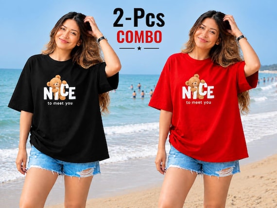 Women’s Oversized T-Shirt 2-Piece Combo Set – Down-Shoulder Casual Graphic Tees, Relaxed-Fit Summer Tops, Oversized T-Shirts for Women
