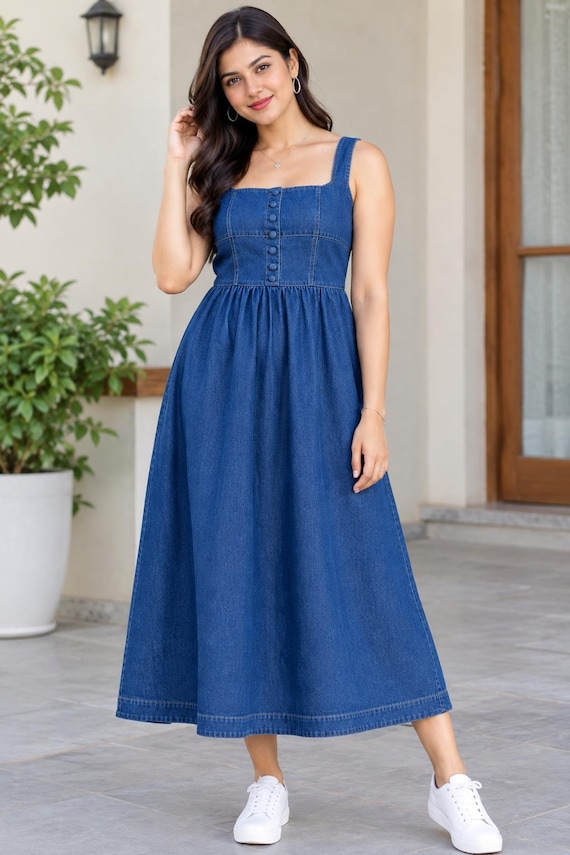 Blue Denim Midi Dress for Women, Sleeveless Button Front Dress, Square Neck A Line Denim Dress, Casual Summer Outfit