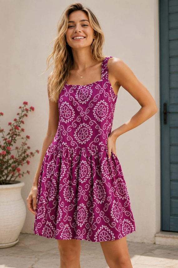 Purple Bandhani Print Cotton Mini Dress, Square Neck Sleeveless Summer Dress
