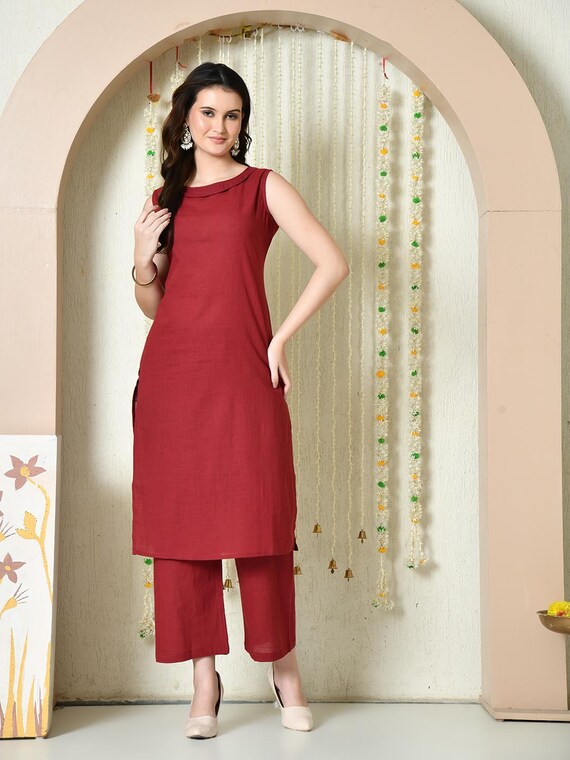 Maroon Cotton Kurti with Pants Set, Indian Ethnic Wear for Women, Sleeveless Kurta Palazzo Set, Festive Party Wear, Women's Outfit