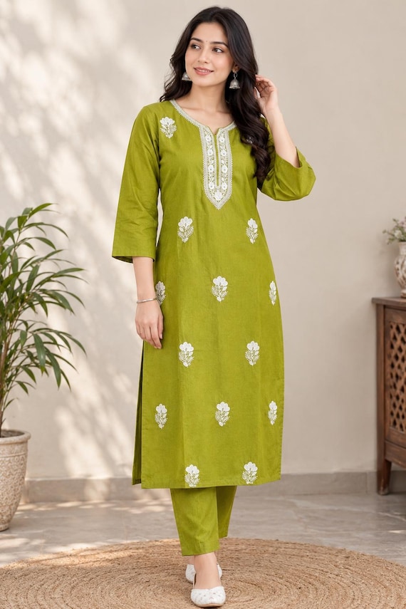 Olive Green Cotton Embroidered Kurti with Pant Set for Women, Floral Embroidery Tunic, Indian Ethnic Wear, Two Piece Cotton Outfit