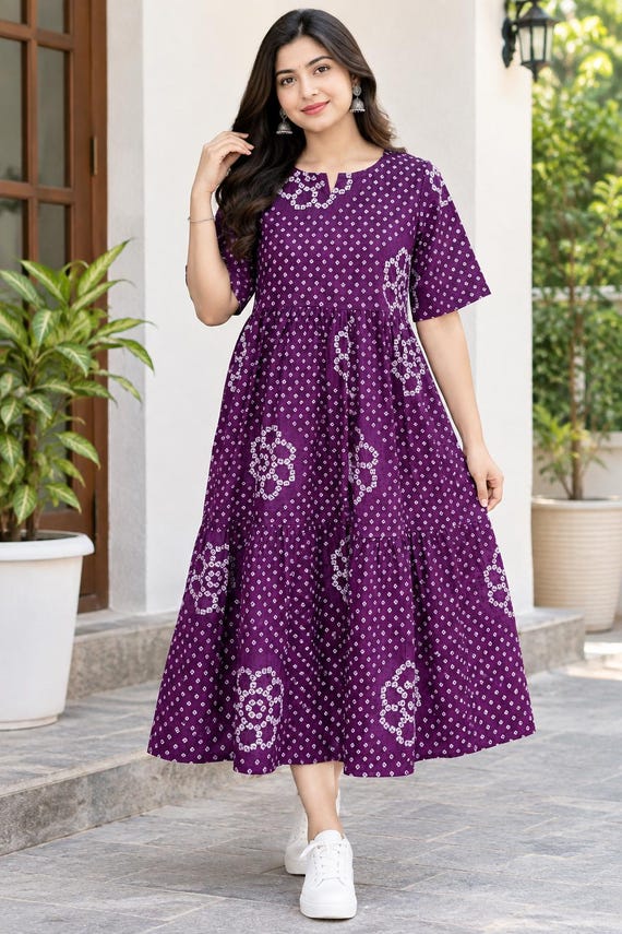 Handblock Purple Cotton Maxi Dress for Women, Indian Printed Gown, Boho Long Dress, Casual Summer Dress | Night Dresses