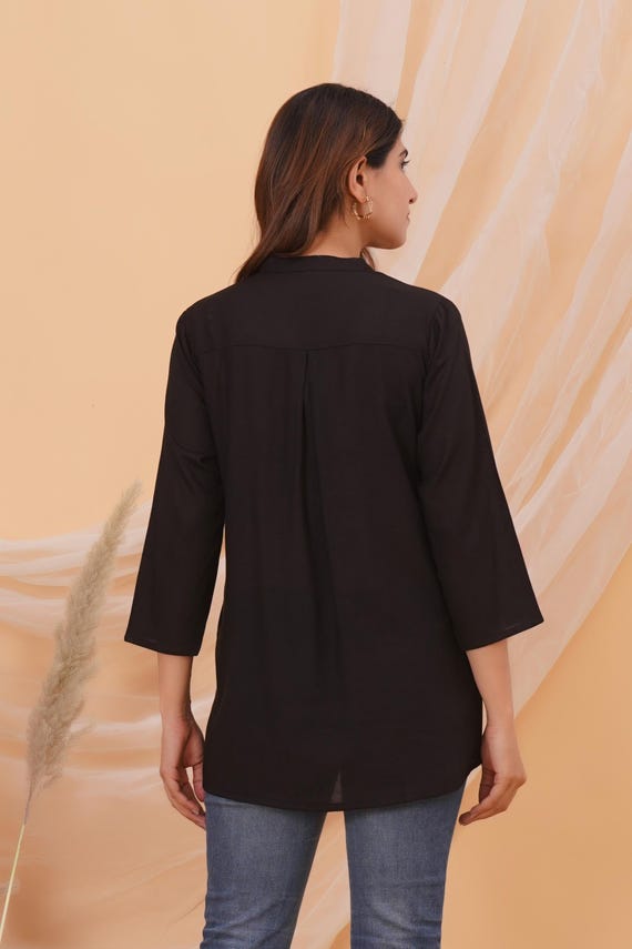 Black Cotton Tunic Top for Women, Button Front V-Neck Kurti, 3/4 Sleeve Casual Indian Top, Comfortable Everyday Wear