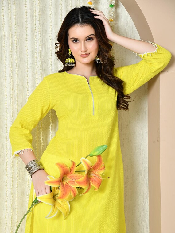 Handmade Yellow Cotton Kurti for Women | Casual Ethnic Wear | 3/4 Sleeve Solid Tunics for Summer & Office Wear | Indian Ethnic (Single Only)