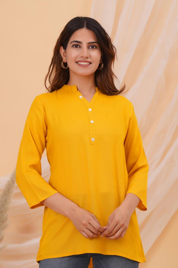 Mustard Yellow Cotton Tunic Top for Women, Casual Long Sleeve Kurti, Button Front V Neck Top, Indian Ethnic Everyday Wear