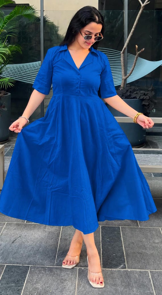 Women's Blue Cotton Poplin Midi Dress, Casual Lapel Collar Short Sleeve Flared A-Line Summer Dress, everyday wear, Night Dress, women kurta