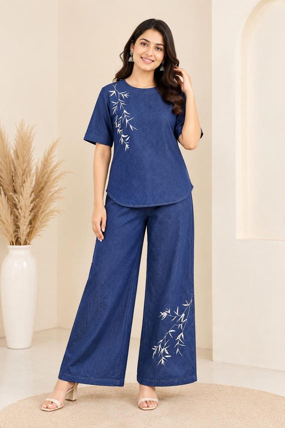 Embroidered Denim Co-Ord Set, Floral Wide Leg Pants, Casual 2-Piece Outfit
