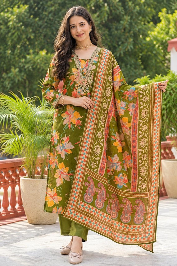 Olive Green Floral Kurti Set with Dupatta, Printed Indian Kurta Pant Set, Women's Ethnic Wear, Traditional 3 Piece Suit