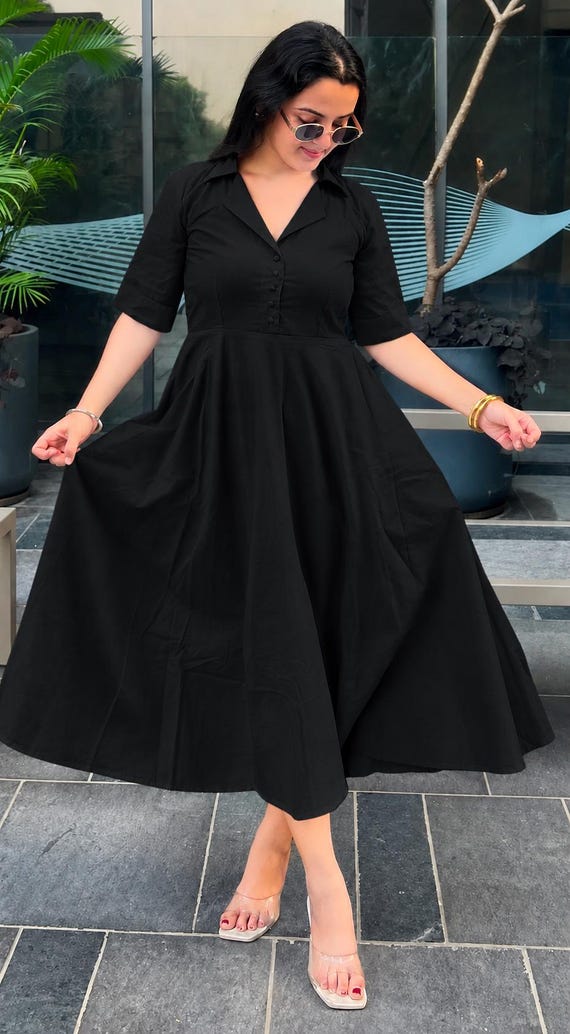 Black Cotton Poplin Maxi Dress for Women, Elegant Fit and Flare Long Dress, Collared Button Front A Line Dress, Casual Summer Outfit