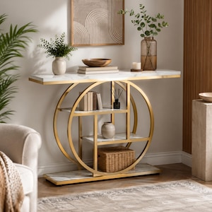 Guldfärgat konsolbord, modernt entrébord, lyxigt soffbord, hallbord med 4 våningar, utställningshylla för vardagsrum, entrémöbler