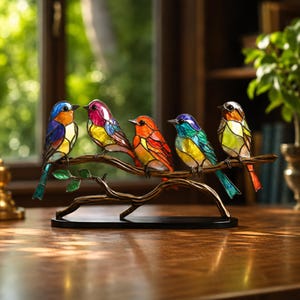 Bunte Acryl-Vogelfigur, Doppelvogel-Skulptur auf Ast, naturnahe Tischdekoration, Geschenk für Vogelliebhaber, Dekoration für Regal, Schreibtisch und Zuhause
