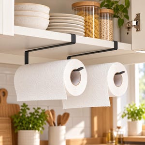 May include: A matte black metal under-shelf paper towel holder designed to mount onto a cabinet shelf. The holder features two horizontal arms that support two full rolls of white paper towels, providing convenient access in a kitchen.
