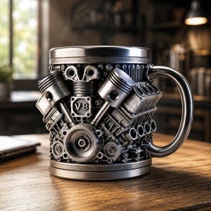 以下が含まれることがあります： V8エンジンブロックの立体的なデザインが施されたメタリックシルバーのマグカップ。外側の表面には、使い込まれたような質感のピストン、ギア、エンジン部品が彫刻されています。正面にはV8という文字がはっきりと刻印されています。