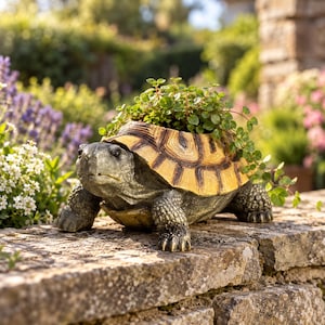 May include: A turtle-shaped planter with a textured grey body and a yellow-brown patterned shell. The shell serves as a container for a small, leafy green plant that spills over the sides of the turtle's back, creating a natural appearance.