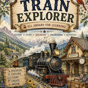 May include: A book cover titled TRAIN EXPLORER ALL ABOARD FOR LEARNING! featuring a steam locomotive on tracks, a wooden depot, mountains, and birds. Text includes HISTORY, TYPES, RAILROADS, ENGINEERING, ACTIVITIES, DISCOVER, EXPLORE, LEARN, CREATE, DREAM.
