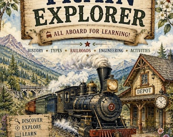 Pode incluir: Uma capa de livro intitulada TRAIN EXPLORER ALL ABOARD FOR LEARNING! mostrando uma locomotiva a vapor nos trilhos, um depósito de madeira, montanhas e pássaros. O texto inclui HISTORY, TYPES, RAILROADS, ENGINEERING, ACTIVITIES, DISCOVER, EXPLORE, LEARN, CREATE, DREAM.