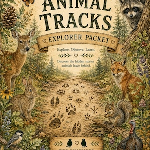 May include: A rectangular poster titled ANIMAL TRACKS EXPLORER PACKET with text Explore. Observe. Learn. Discover the hidden stories animals leave behind. The illustration features a deer, rabbit, raccoon, fox, squirrel, turkey, and bird.