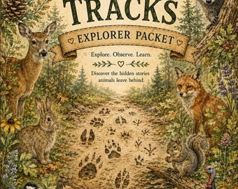 Op de afbeelding: Een rechthoekige poster met de titel ANIMAL TRACKS EXPLORER PACKET en de tekst Explore. Observe. Learn. Discover the hidden stories animals leave behind. De illustratie toont een hert, konijn, wasbeer, vos, eekhoorn, kalkoen en vogel.