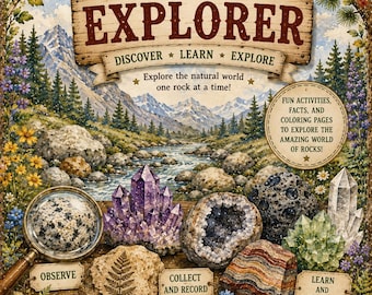 May include: A book cover titled Rock Explorer featuring a mountain landscape with a river, birds, and various rocks including amethyst, a geode, and a fern fossil. The cover includes text such as Discover, Learn, Explore, and Two Songbirds Wander.