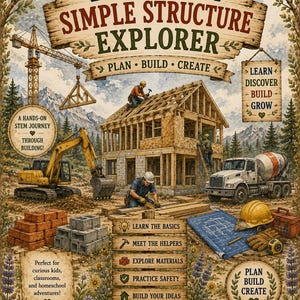 Op de afbeelding: Een poster getiteld Building A Simple Structure Explorer met een bouwplaats met een houten huisframe, een gele graafmachine, een betonwagen en arbeiders. Het bevat teksten zoals Plan, Build, Create en Learn The Basics.