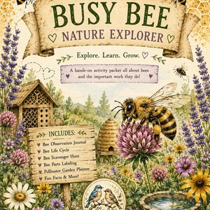 Puede incluir: Una portada de paquete de actividades Busy Bee Nature Explorer con una ilustración en acuarela de abejas, lavanda, trébol, un hotel para abejas y un baño para pájaros. El texto dice Busy Bee Nature Explorer, Explore. Learn. Grow.