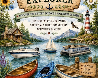 May include: A printable activity bundle titled Boat Explorer featuring illustrations of a lake with a motorboat, sailboat, pontoon, canoe, and kayak. The scene includes a lighthouse, a cabin, a life vest, a lantern, and text about boat history.