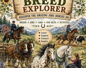 May include: A Horse Breed Explorer activity pack cover featuring illustrations of horses in various roles, including police, therapy, and draft work. The text reads Horse Breed Explorer, Discover the Amazing Jobs Horses Do, and A Printable Activity Pack for Curious Kids.