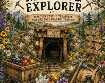 May include: A printable activity packet cover titled MINING EXPLORER, featuring a mine entrance, a wooden cart filled with rocks, a pickaxe, a lantern, a backpack, and various crystals, surrounded by colorful wildflowers and two songbirds.