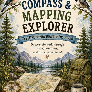 Op de afbeelding: Een boekomslag met de titel TWO SONGBIRDS WANDER COMPASS & MAPPING EXPLORER. De illustratie toont een blauwe vogel en een mees op takken, een landschap met bergen, rivier, bos, kaart, kompas, rugzak en een mok.