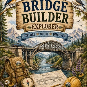 May include: A board game box cover titled Two Songbirds Wander Bridge Builder Explorer. The artwork features a stone bridge over a river, a tan backpack, a compass, a bridge plan blueprint, a pencil, and a yellow hard hat with a mountain logo.