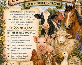 May include: A decorative sign titled Welcome, Farm Animal Explorer! featuring illustrations of a cow, horse, pig, sheep, goat, chicken, and duck. The image includes text about farm animals, a field notes book, a journal, and floral borders.