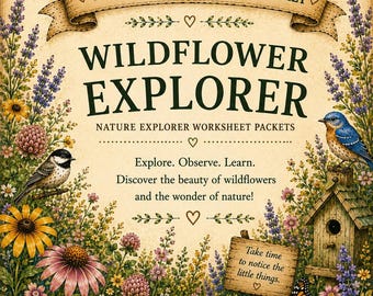 May include: A Wildflower Explorer worksheet packet featuring a cream-colored background with illustrations of butterflies, a bumblebee, songbirds, a birdhouse, and various wildflowers. The text reads Wildflower Explorer Packet, Wildflower Explorer, Nature Explorer Worksheet Packets, Explore. Observe. Learn. Discover the beauty of wildflowers and the wonder of nature!, Take time to notice the little things., and Two Songbirds Wander.