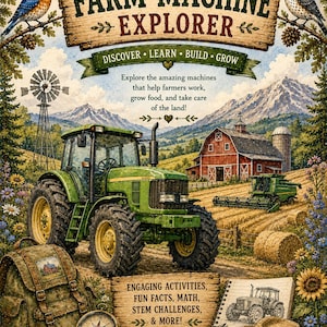 May include: A book cover titled Farm Machine Explorer featuring a green tractor in a field with a red barn, mountains, a windmill, a backpack, a compass, a straw hat, and a sketchbook with a tractor drawing. Text includes Discover, Learn, Build, Grow.