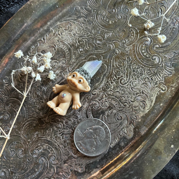 Tiny Dyed Quartz Crystal Troll with Belly Jewel