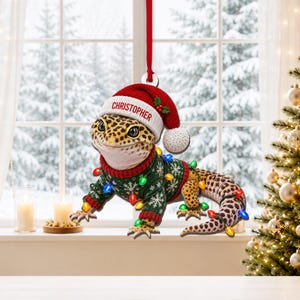May include: A leopard gecko ornament wearing a red Santa hat with the name CHRISTOPHER printed on the white brim and a green sweater featuring white snowflake patterns, wrapped in a string of colourful miniature Christmas light bulbs.